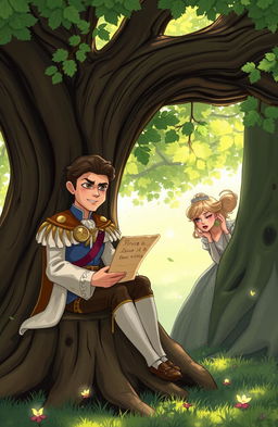 A whimsical scene depicting a prince and a princess who secretly exchange letters, hidden by a grand, ancient oak tree