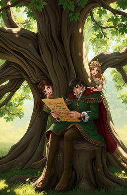 A whimsical scene depicting a prince and a princess who secretly exchange letters, hidden by a grand, ancient oak tree