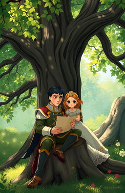 A whimsical scene depicting a prince and a princess who secretly exchange letters, hidden by a grand, ancient oak tree