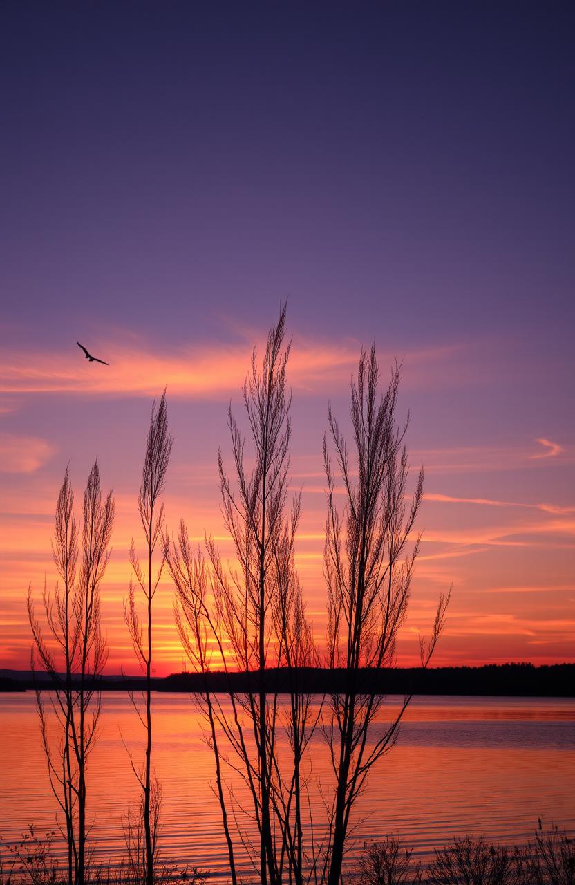 A serene and picturesque sunset over a tranquil lake, with vibrant shades of orange, pink, and purple reflecting on the water's surface