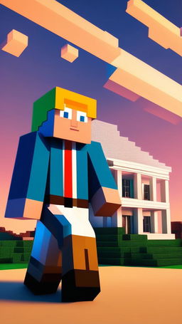 Donald Trump as a Minecraft character standing in front of a blocky recreation of the White House under a gradient blue sky.