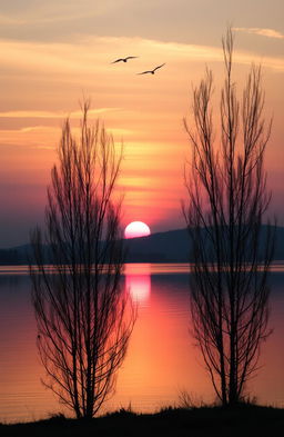 A serene and picturesque sunset over a tranquil lake, with vibrant shades of orange, pink, and purple reflecting on the water's surface