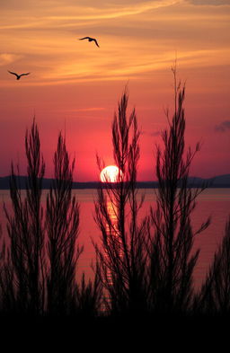 A serene and picturesque sunset over a tranquil lake, with vibrant shades of orange, pink, and purple reflecting on the water's surface