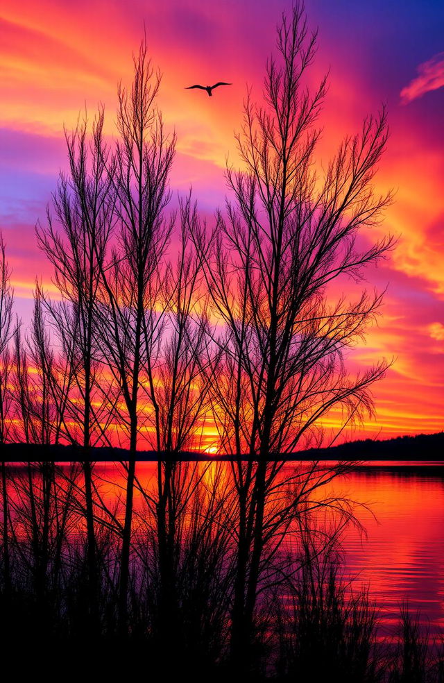 A serene and picturesque sunset over a tranquil lake, with vibrant shades of orange, pink, and purple reflecting on the water's surface