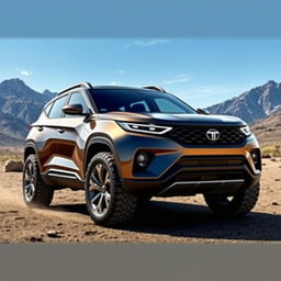 A futuristic concept design of the Tata Harrier 4x4 SUV, showcasing its sleek and dynamic lines, aggressive front grille with modern headlights, muscular wheel arches, and robust all-terrain tires