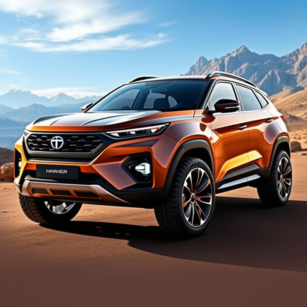 A futuristic concept design of the Tata Harrier 4x4 SUV, showcasing its sleek and dynamic lines, aggressive front grille with modern headlights, muscular wheel arches, and robust all-terrain tires