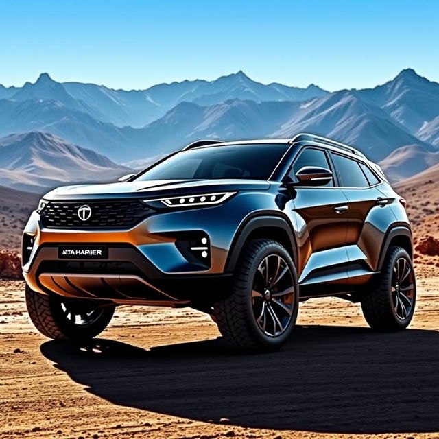 A futuristic concept design of the Tata Harrier 4x4 SUV, showcasing its sleek and dynamic lines, aggressive front grille with modern headlights, muscular wheel arches, and robust all-terrain tires