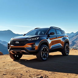 A futuristic concept design of the Tata Harrier 4x4 SUV, showcasing its sleek and dynamic lines, aggressive front grille with modern headlights, muscular wheel arches, and robust all-terrain tires