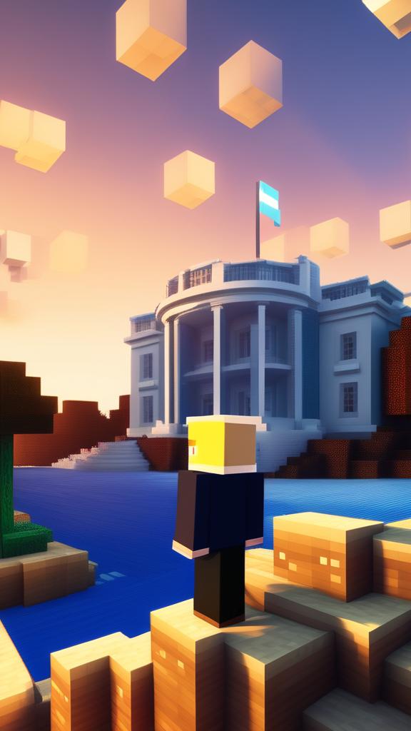 Donald Trump as a Minecraft character standing in front of a blocky recreation of the White House under a gradient blue sky.