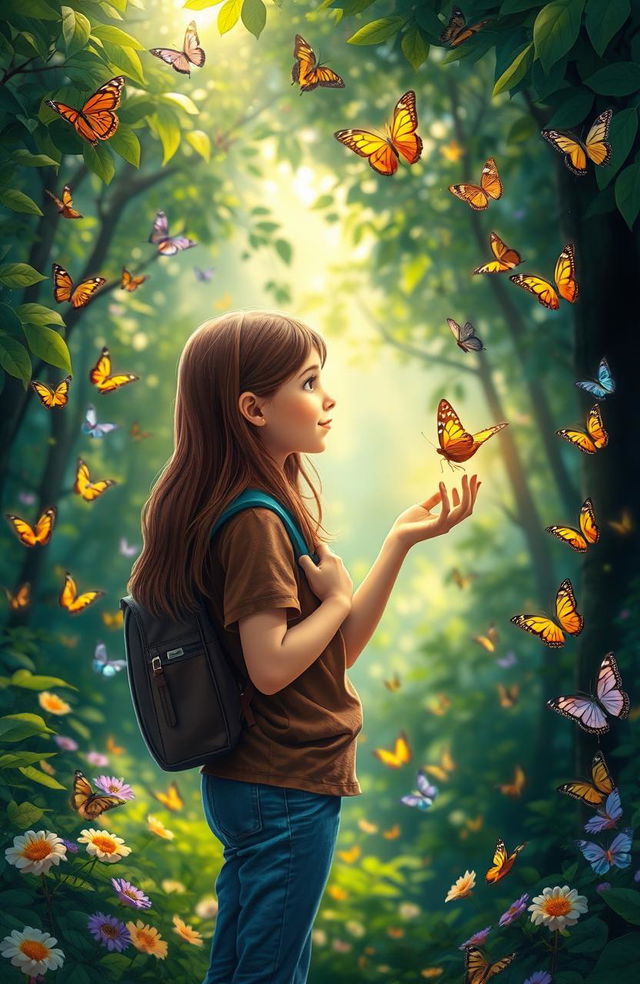 A girl with long brown hair, wearing a brown shirt and blue pants, is talking to a golden butterfly in a vibrant forest filled with various butterflies