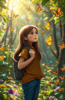 A girl with long brown hair, wearing a brown shirt and blue pants, is talking to a golden butterfly in a vibrant forest filled with various butterflies