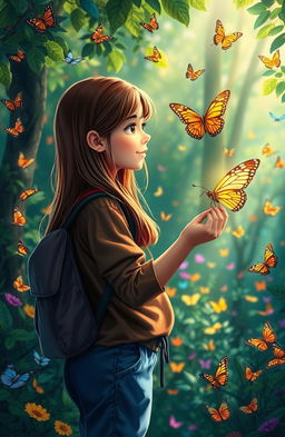 A girl with long brown hair, wearing a brown shirt and blue pants, is talking to a golden butterfly in a vibrant forest filled with various butterflies