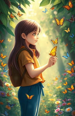 A girl with long brown hair, wearing a brown shirt and blue pants, is talking to a golden butterfly in a vibrant forest filled with various butterflies