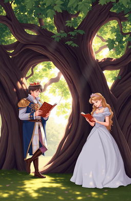 A romantic scene depicting a prince and princess leaning against opposite sides of a large, majestic oak tree