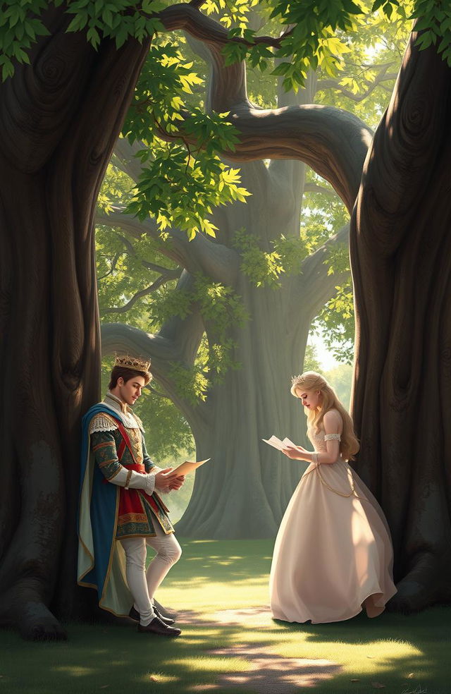 A romantic scene depicting a prince and princess leaning against opposite sides of a large, majestic oak tree