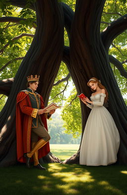 A romantic scene depicting a prince and princess leaning against opposite sides of a large, majestic oak tree