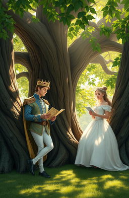 A romantic scene depicting a prince and princess leaning against opposite sides of a large, majestic oak tree