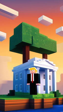 Donald Trump as a Minecraft character standing in front of a blocky recreation of the White House under a gradient blue sky.