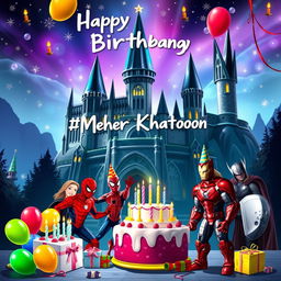 A whimsical birthday scene celebrating Meher Khatoon, with a vibrant backdrop that combines elements from both the Harry Potter universe and Marvel superheroes