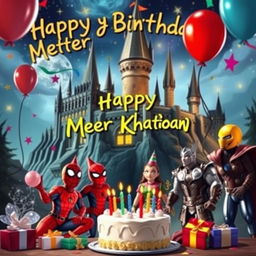 A whimsical birthday scene celebrating Meher Khatoon, with a vibrant backdrop that combines elements from both the Harry Potter universe and Marvel superheroes