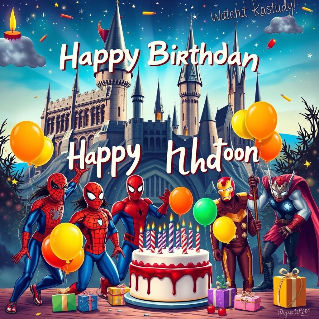 A whimsical birthday scene celebrating Meher Khatoon, with a vibrant backdrop that combines elements from both the Harry Potter universe and Marvel superheroes