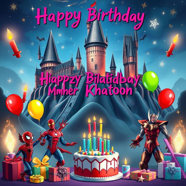 A whimsical birthday scene celebrating Meher Khatoon, with a vibrant backdrop that combines elements from both the Harry Potter universe and Marvel superheroes