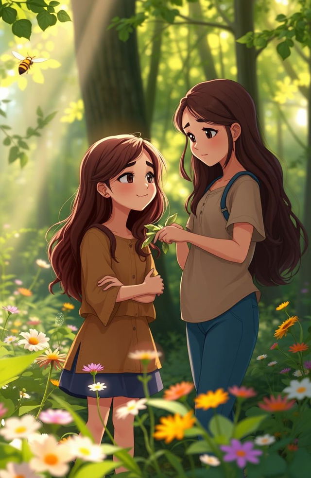 A serene forest scene showcasing two girls: one named Lucía, wearing a light brown shirt and blue pants, with long chestnut hair, showing Ana the beauty around them