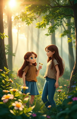 A serene forest scene showcasing two girls: one named Lucía, wearing a light brown shirt and blue pants, with long chestnut hair, showing Ana the beauty around them