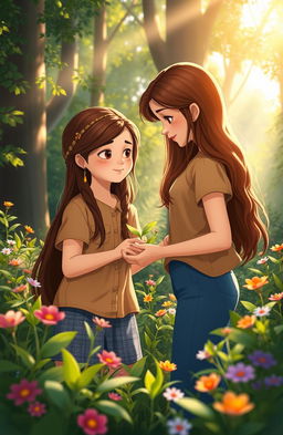 A serene forest scene showcasing two girls: one named Lucía, wearing a light brown shirt and blue pants, with long chestnut hair, showing Ana the beauty around them