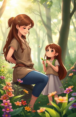 A serene forest scene showcasing two girls: one named Lucía, wearing a light brown shirt and blue pants, with long chestnut hair, showing Ana the beauty around them