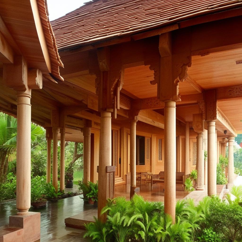 Generate an image of a traditional Kerala house design. The architectural characteristics should include a sloping roof, wooden pillared verandas, internal courtyards surrounded by rooms, intricate wooden carvings and surrounded by natural greenery.