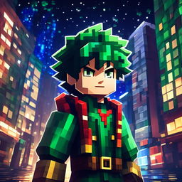 A cinematic Minecraft portrait of Midoriya from My Hero Academia