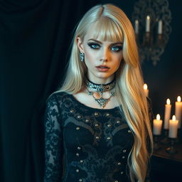 A captivating 20-year-old blonde goth girl with striking features and a unique style