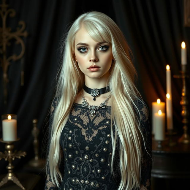 A captivating 20-year-old blonde goth girl with striking features and a unique style