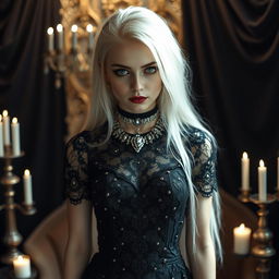 A captivating 20-year-old blonde goth girl with striking features and a unique style