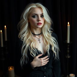 A 20-year-old blonde goth girl exuding confidence, her platinum blonde hair cascading around her shoulders