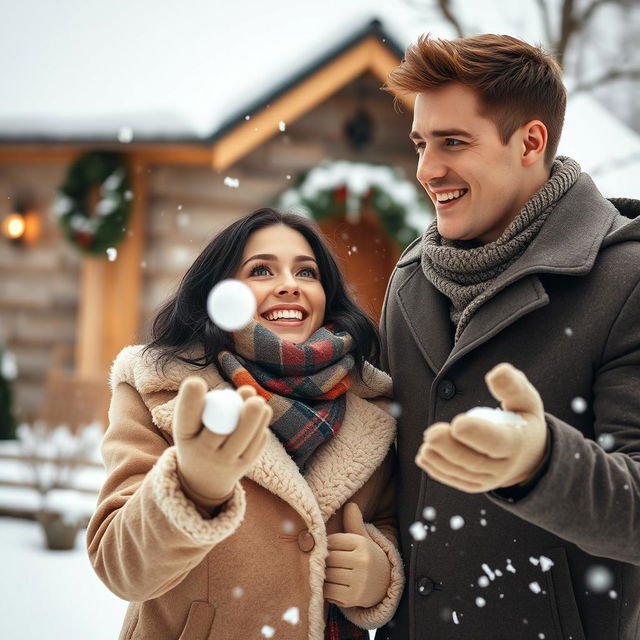 A couple in love joyfully playing in the snow, snowflakes gently falling in the background