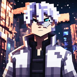 A cinematic Minecraft portrait of Satoru Gojo from Jujutsu Kaisen