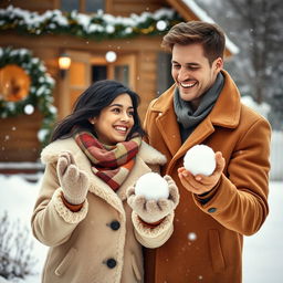 A couple in love joyfully playing in the snow, snowflakes gently falling in the background