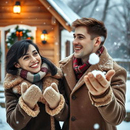 A couple in love joyfully playing in the snow, snowflakes gently falling in the background