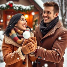 A couple in love joyfully playing in the snow, snowflakes gently falling in the background
