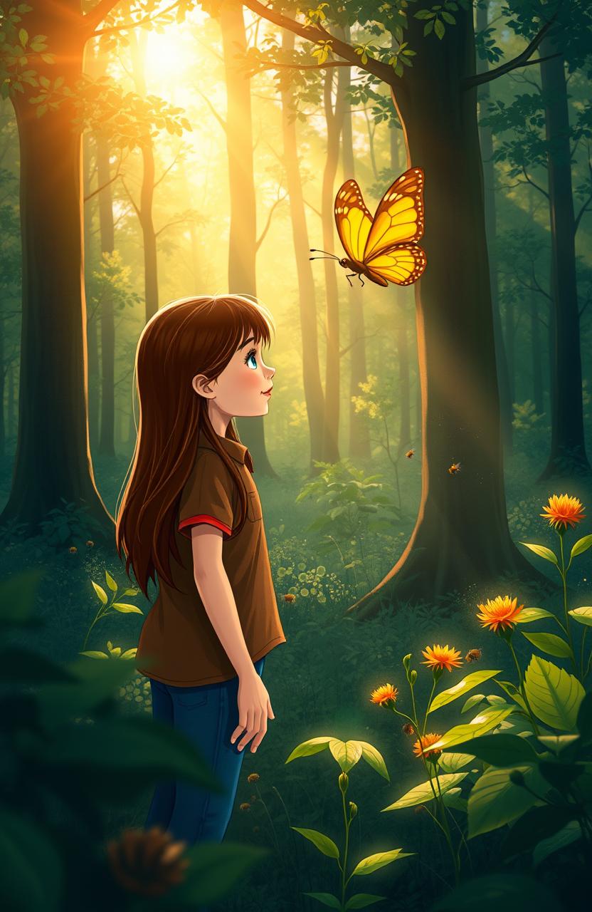 A serene forest scene where a golden butterfly named Lucía is gracefully hovering near a girl named Ana