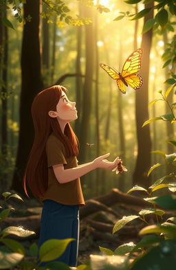 A serene forest scene where a golden butterfly named Lucía is gracefully hovering near a girl named Ana