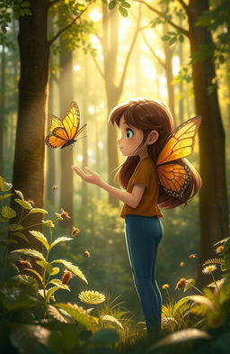 A serene forest scene where a golden butterfly named Lucía is gracefully hovering near a girl named Ana