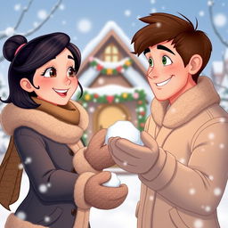 A whimsical poster in the charming style of Walt Disney, depicting a loving couple engaged in a playful snowball fight