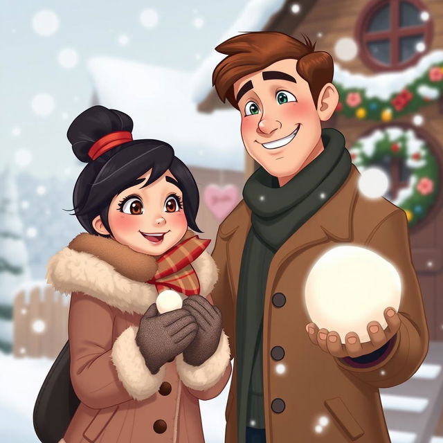 A whimsical poster in the charming style of Walt Disney, depicting a loving couple engaged in a playful snowball fight