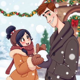 A whimsical poster in the charming style of Walt Disney, depicting a loving couple engaged in a playful snowball fight