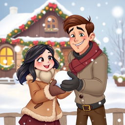 A whimsical poster in the charming style of Walt Disney, depicting a loving couple engaged in a playful snowball fight