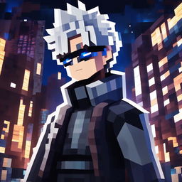 A cinematic Minecraft portrait of Satoru Gojo from Jujutsu Kaisen