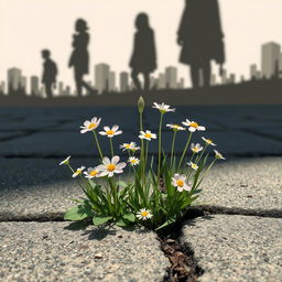 Flowers growing through a crack in the pavement, with silhouetted characters in the background